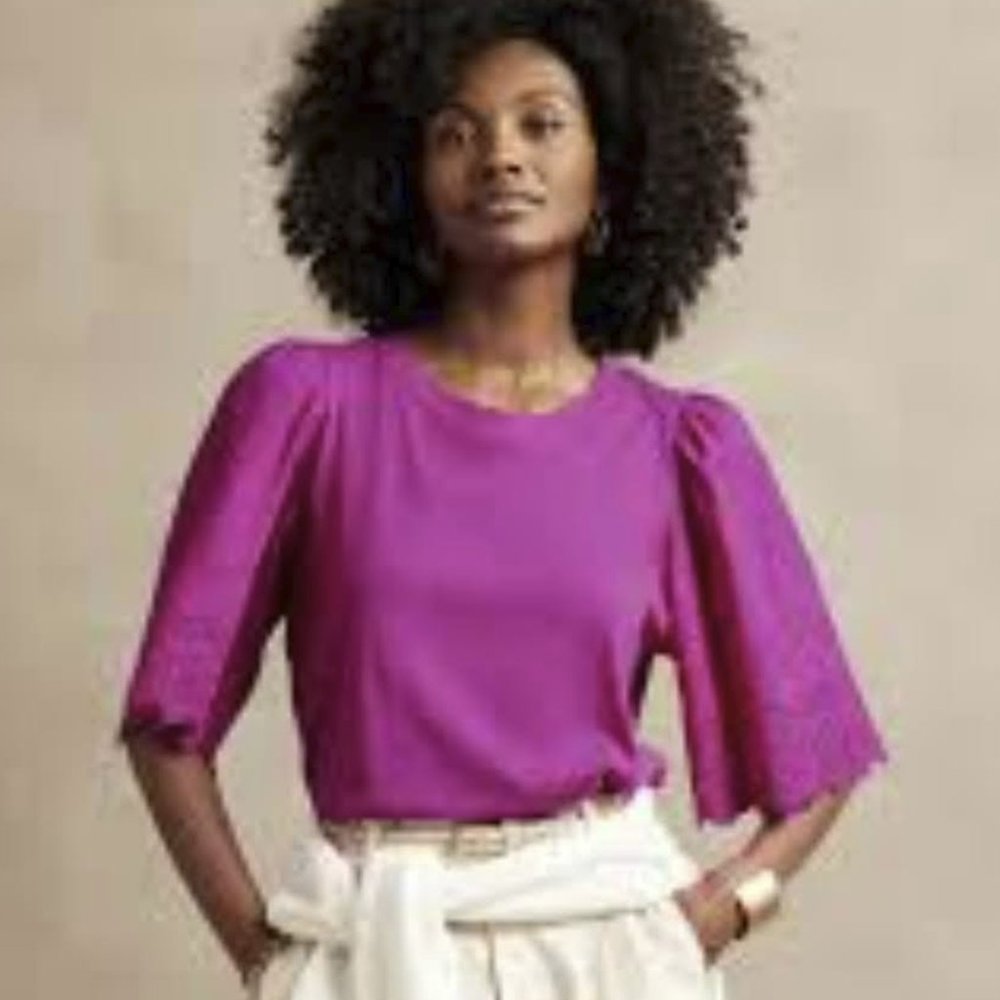 NEW Banana Republic Pink Embroidered Puff Sleeve Blouse - Picture 2 of 8